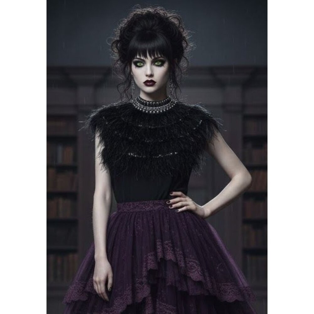Gracia Embellished Blouse S Ostrich Feather Mesh Back Goth Mardi Gras Rave - Picture 2 of 9